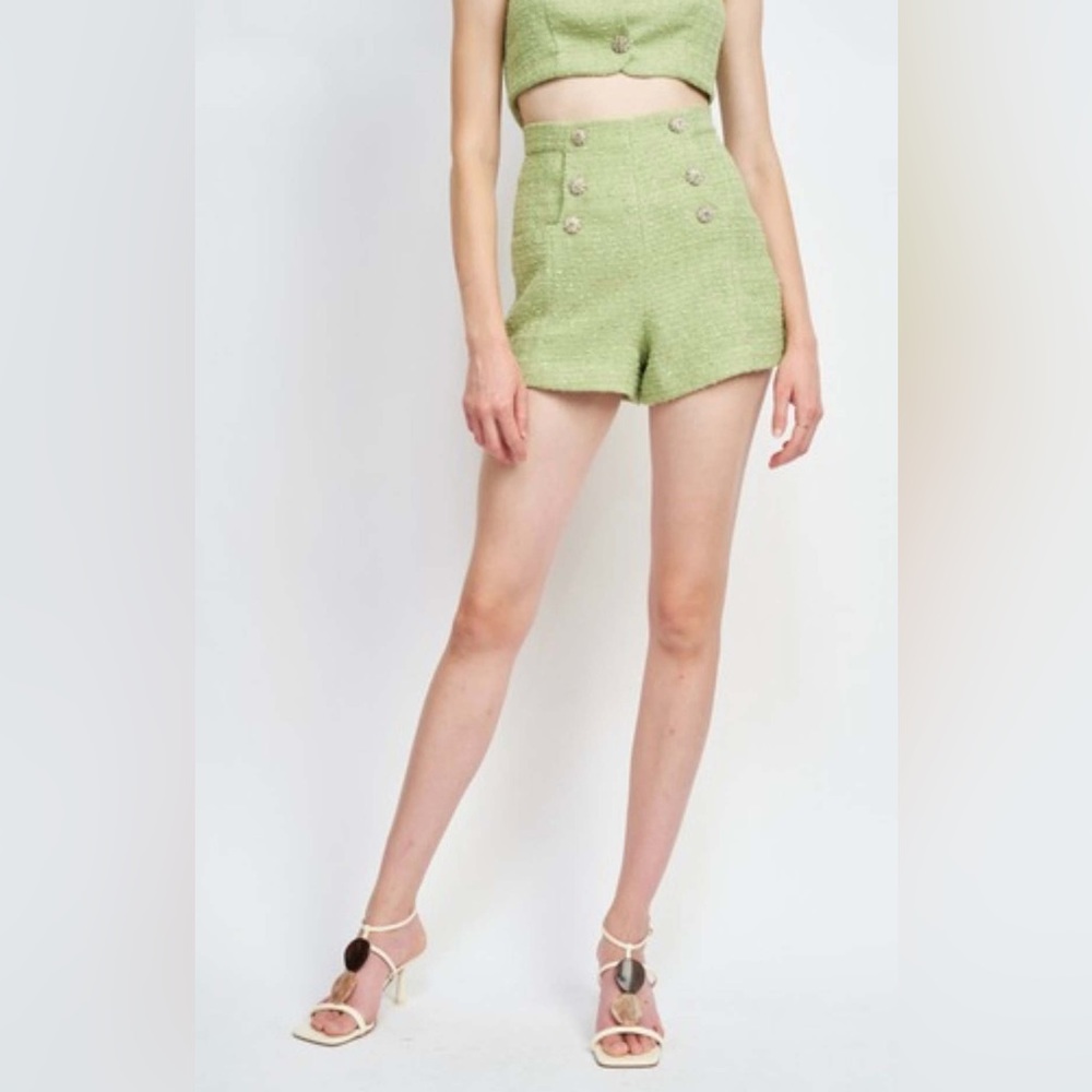 En Saison Nadine Tweed Button Down Vest and Shorts Set in Green - Picture 5 of 6